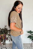 Khaki Leopard Patchwork Drawstring Hooded T Shirt