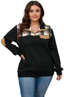 Black Plus Size Quilted Plaid Patch Henley Sweatshirt