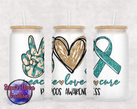 Peace Love Cure PCOS Awareness Frosted Glass Tumbler