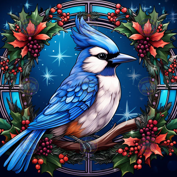 Blue Jay Holiday Wreath Stain Glass - Diamond Painting Bling Art