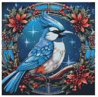 Blue Jay Holiday Wreath Stain Glass - Diamond Painting Bling Art