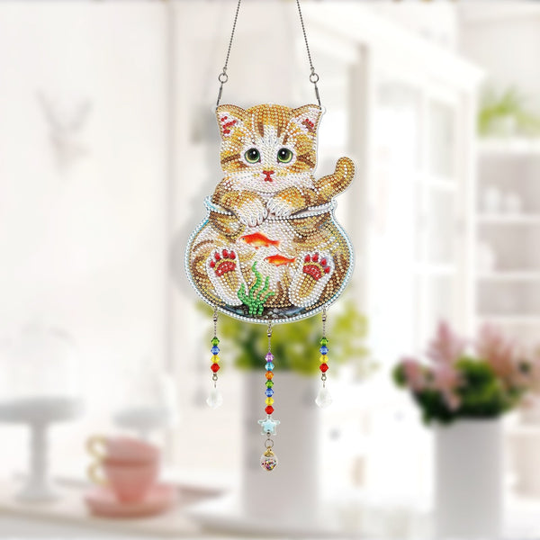 Cat in Fish Bowl Crystal Pendant - Diamond Painting Bling Art