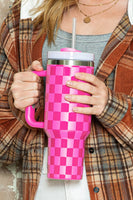Bright Pink Checkered Print Handled Stainless Steel Tumbler Cup 40oz