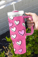 Rose Red Valentines Heart Printed Thermos Cup with Handle