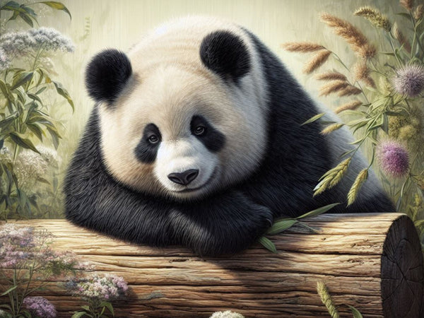 a black and white Panda bear perched on a log- Diamond Painting Bling Art