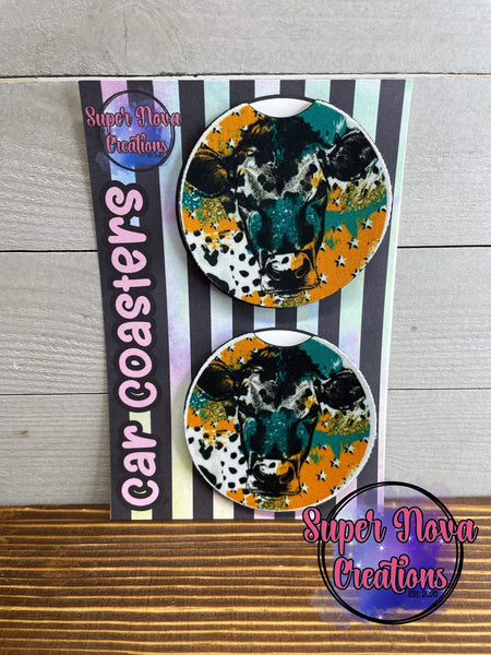 Cow Yellow Turquoise Car Coasters