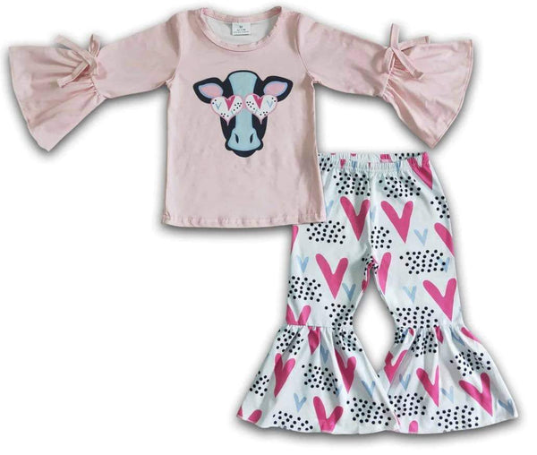 Pre Order - Pink Cow Heart Eyes Bell Bottom Outfit
