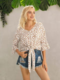 Tied Printed Button Up V-Neck Blouse