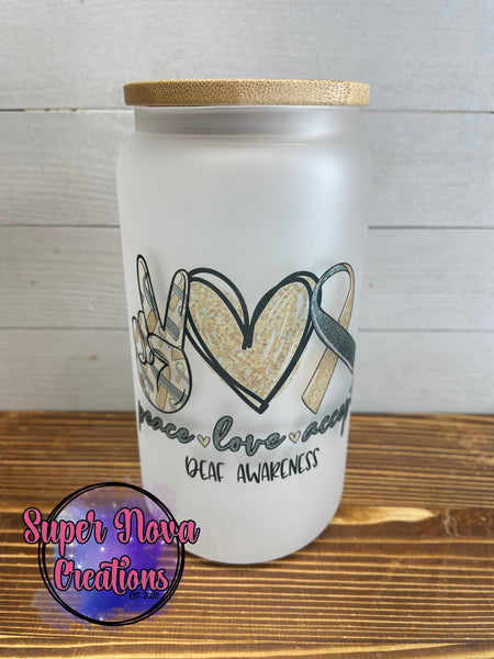 Peace Love Accept Deaf Awareness Frosted Glass Tumbler