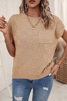 Pocketed Checkered Round Neck Knit Top