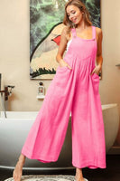 BiBi Ruched Wide Leg Overalls with Pockets